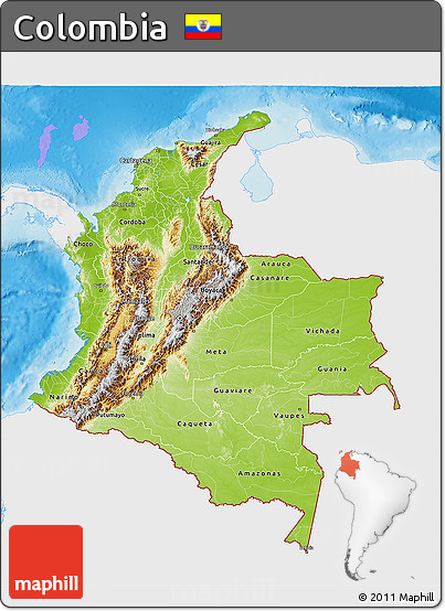 Physical 3D Map of Colombia, single color outside