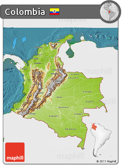 Physical 3D Map of Colombia, single color outside, satellite sea