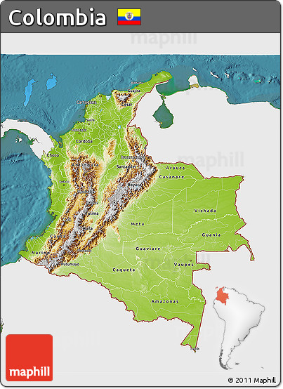 Physical 3D Map of Colombia, single color outside, satellite sea