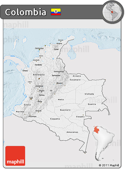 Silver Style 3D Map of Colombia, single color outside
