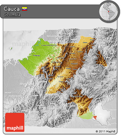 Physical 3D Map of Cauca, lighten, desaturated