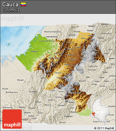 Physical 3D Map of Cauca, shaded relief outside