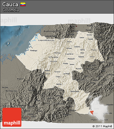 Shaded Relief 3D Map of Cauca, darken