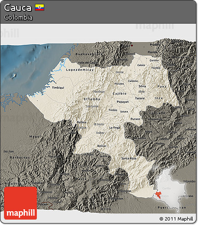 Shaded Relief 3D Map of Cauca, darken