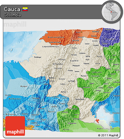 Shaded Relief 3D Map of Cauca, political shades outside