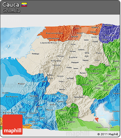 Shaded Relief 3D Map of Cauca, political shades outside