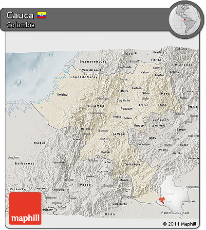 Shaded Relief 3D Map of Cauca, semi-desaturated