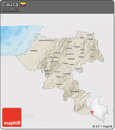 Shaded Relief 3D Map of Cauca, single color outside