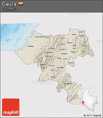 Shaded Relief 3D Map of Cauca, single color outside