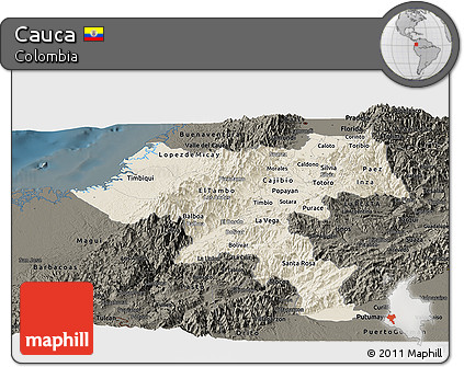 Shaded Relief Panoramic Map of Cauca, darken