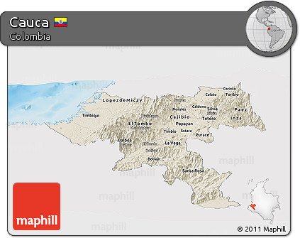 Shaded Relief Panoramic Map of Cauca, single color outside