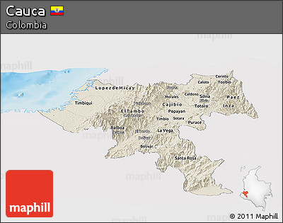 Shaded Relief Panoramic Map of Cauca, single color outside