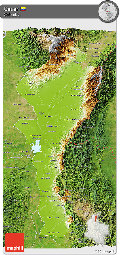 Physical 3D Map of Cesar, satellite outside