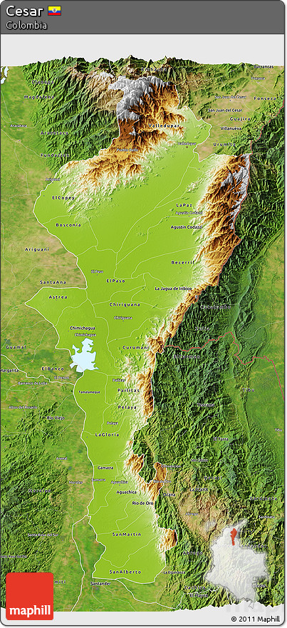 Physical 3D Map of Cesar, satellite outside