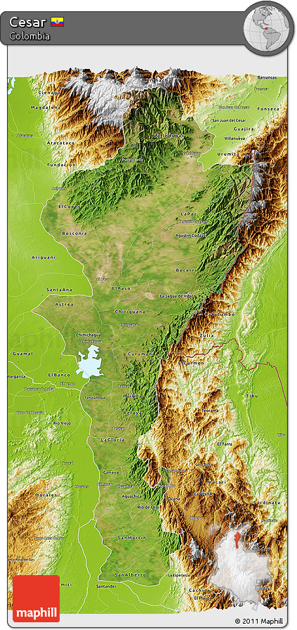 Satellite 3D Map of Cesar, physical outside