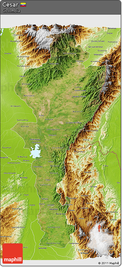 Satellite 3D Map of Cesar, physical outside