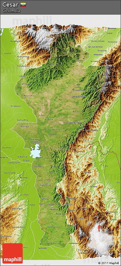 Satellite 3D Map of Cesar, physical outside