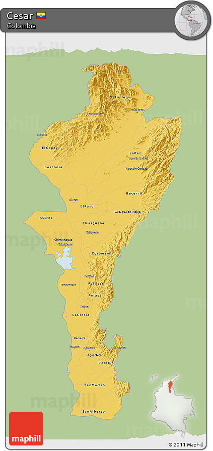 Savanna Style 3D Map of Cesar, single color outside