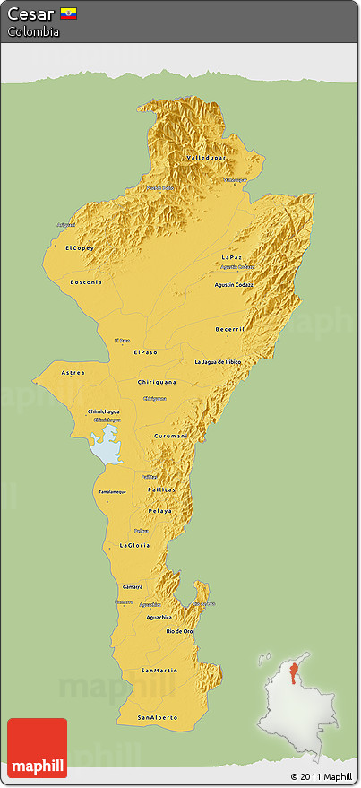 Savanna Style 3D Map of Cesar, single color outside