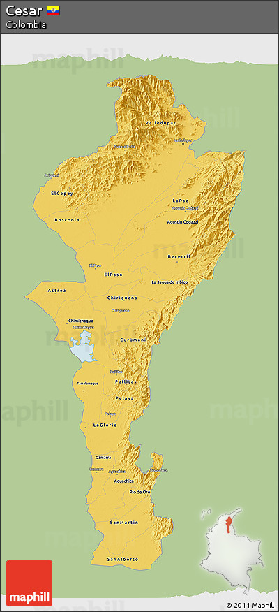 Savanna Style 3D Map of Cesar, single color outside