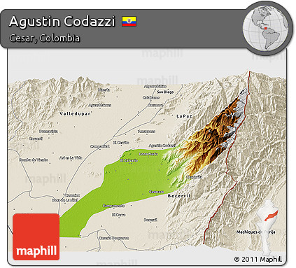 Physical 3D Map of Agustin Codazzi, shaded relief outside