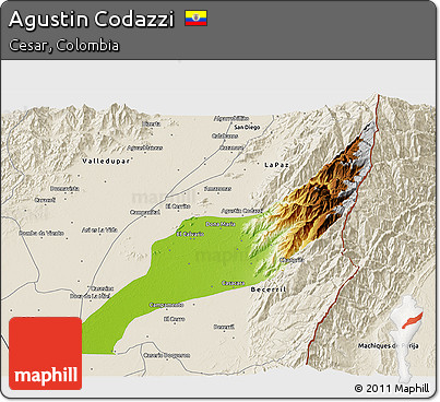 Physical 3D Map of Agustin Codazzi, shaded relief outside