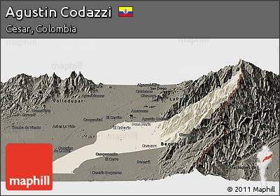 Shaded Relief Panoramic Map of Agustin Codazzi, darken