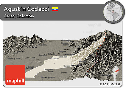 Shaded Relief Panoramic Map of Agustin Codazzi, darken