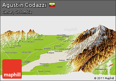 Shaded Relief Panoramic Map of Agustin Codazzi, physical outside