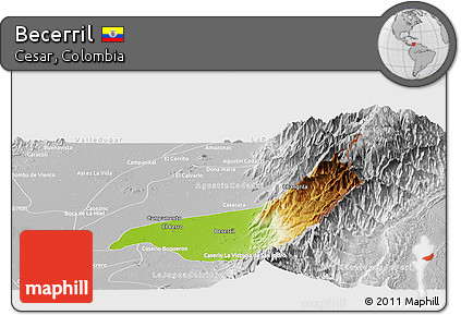 Physical Panoramic Map of Becerril, lighten, desaturated