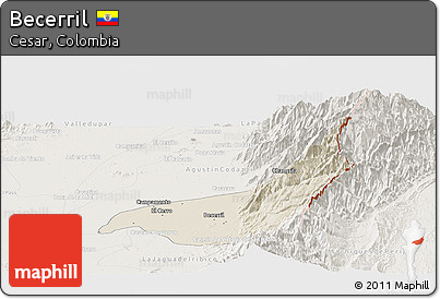 Shaded Relief Panoramic Map of Becerril, lighten