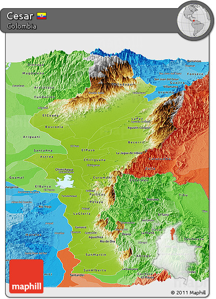 Physical Panoramic Map of Cesar, political shades outside