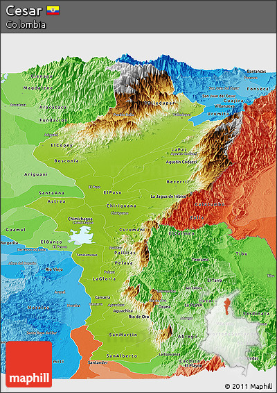 Physical Panoramic Map of Cesar, political shades outside