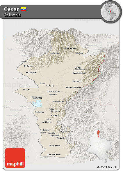 Shaded Relief Panoramic Map of Cesar, lighten