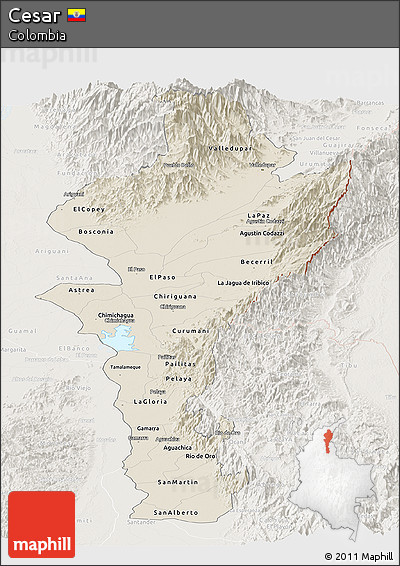 Shaded Relief Panoramic Map of Cesar, lighten