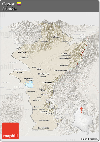 Shaded Relief Panoramic Map of Cesar, lighten