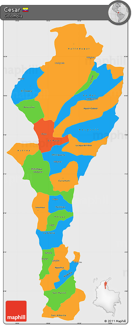 Political Simple Map of Cesar, single color outside