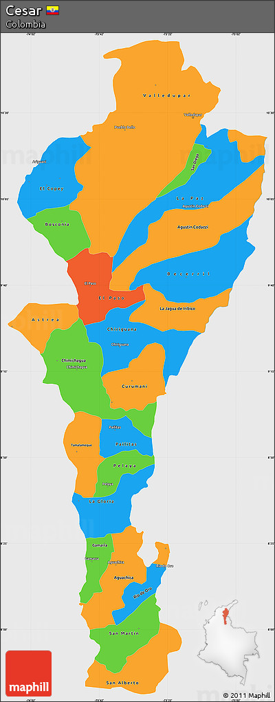 Political Simple Map of Cesar, single color outside