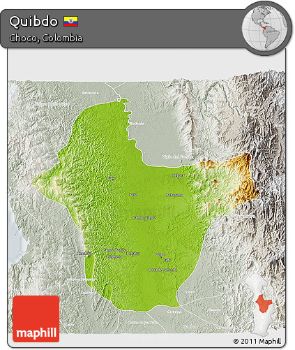 Physical 3D Map of Quibdo, lighten, semi-desaturated