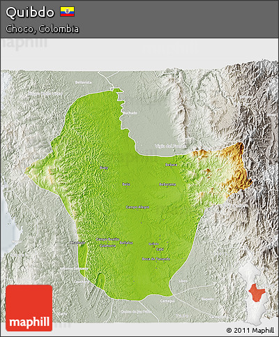 Physical 3D Map of Quibdo, lighten, semi-desaturated
