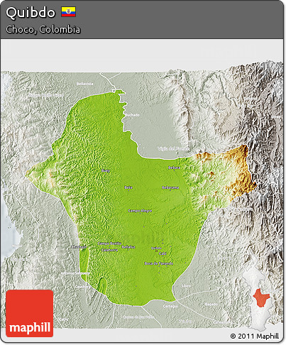 Physical 3D Map of Quibdo, lighten, semi-desaturated