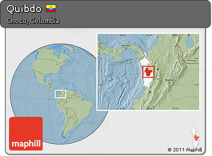 Savanna Style Location Map of Quibdo, highlighted parent region, hill shading