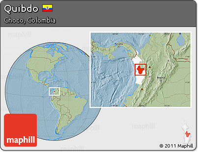 Savanna Style Location Map of Quibdo, highlighted parent region, hill shading