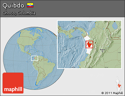 Savanna Style Location Map of Quibdo, highlighted parent region, hill shading