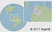 Gray Location Map of Colombia, savanna style outside, hill shading