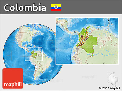 Physical Location Map of Colombia, lighten, land only