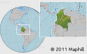 Satellite Location Map of Colombia, gray outside, hill shading