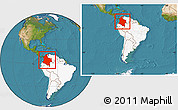 Satellite Location Map of Colombia, highlighted continent, within the entire continent