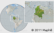 Satellite Location Map of Colombia, lighten, semi-desaturated