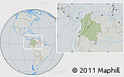 Savanna Style Location Map of Colombia, lighten, semi-desaturated, hill shading